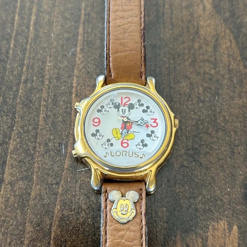 Vintage Lorus Mickey Mouse Musical Watch Gold Tone Disney V422-0010 Tan Leather‎